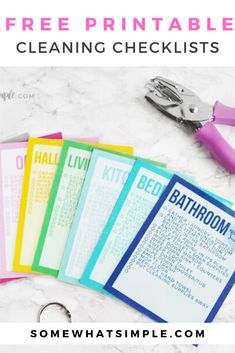 the free printable cleaning checklist is on top of a marble table with scissors