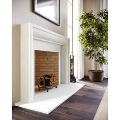 a living room with a fireplace and potted plant