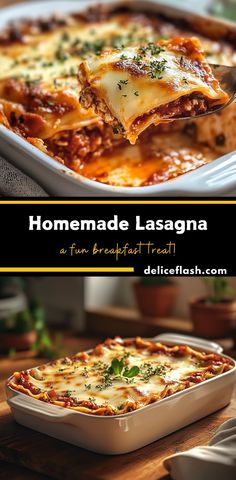 homemade lasagna in a casserole dish with cheese and herbs