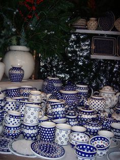 a table topped with lots of blue and white dishes next to a potted plant