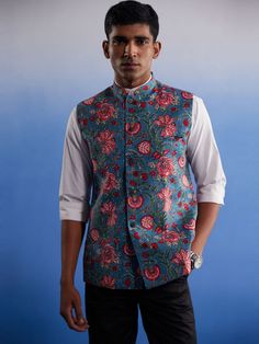 SHVAAS By VASTRAMAY Men's Aqua Printed Nehru Jacket Cotton Bandhgala With Printed Motifs For Festive Occasions, Festive Blue Cotton Bandhgala, Cotton Nehru Jacket With Printed Motifs For Festivals, Spring Festive Cotton Bandhgala, Blue Cotton Nehru Jacket For Festive Occasions, Cotton Nehru Jacket With Printed Motifs For Festive Occasions, Festive Cotton Nehru Jacket With Printed Motifs, Festive Blue Cotton Nehru Jacket, Spring Cotton Nehru Jacket With Printed Motifs