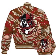 a red and brown jacket with an image of a skull on it