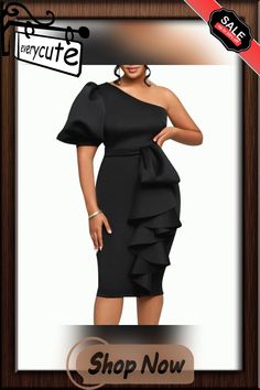 Black Puff Sleeve One-shoulder Ruffled Bodycon Dress Party Off Shoulder Dress With Puff Sleeves And Ruffles, Fitted Off Shoulder Puff Sleeve Dress With Ruffles, Knee-length Off Shoulder Ruffled Dress For Party, Knee-length Off Shoulder Dress With Ruffles For Party, Knee-length Off Shoulder Party Dress With Ruffles, Elegant Cold Shoulder Dress With Ruffles, Black One Shoulder Ruffle Dress For Party, Black One Shoulder Ruffled Dress For Party, Black One Shoulder Dress With Ruffles For Party