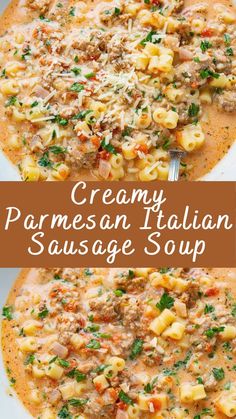 creamy italian sausage soup in a white bowl with a spoon on the side and an image of