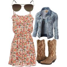 floral cowgirl dress with aviators by bellalee2000 on Polyvore featuring MANGO, Laredo and Vince Camuto Vestidos Country, Cowgirl Dress