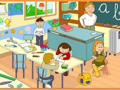 a classroom with children sitting at desks in front of a chalkboard