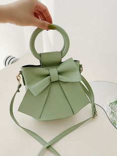 Green Fashionable Collar  PU Leather Plain Bucket Bag Embellished   Women Bags Elegant Bags For Women, Bucket Bag Diy, Compact Bow, Tas Denim, Hand Bags For Women, Mini Bow, Mini Bucket Bags, Girly Bags, Women's Bags By Style