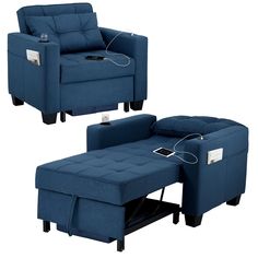 two blue recliners with an electronic device hooked up to them