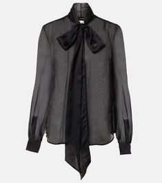 Bow-detail silk blouse in black - Saint Laurent | Mytheresa Germany Outfits, Bow Tie Blouse, Tie Neck Tops, Blouse Material, Black Bow, Straight Pants, Bow Detail, Victoria Beckham, Black Blouse