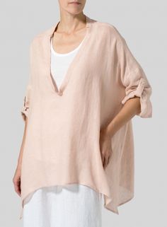 Linen Delicate Deep V-neck Overtop Chic V-neck Top For Beach Season, Breezy V-neck Tops For Beach, Summer V-neck Loungewear Blouse, Beachy V-neck Top For Day Out, Relaxed V-neck Blouse For Day Out, Relaxed Summer Vacation Top, Spring V-neck Top For Day Out With Relaxed Fit, Spring Relaxed Fit V-neck Top For Day Out, Spring V-neck Top For Day Out