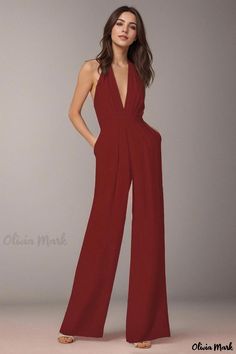 Olivia Mark - Creative Deep V-neck Backless Waist-Defining Jumpsuit for Sexy Formal Occasions Red V-neck Jumpsuits And Rompers, Elegant Red Backless Jumpsuits And Rompers, Elegant Red Jumpsuits And Rompers For Date Night, Elegant Red Backless Jumpsuit/romper, Elegant Red Backless Jumpsuit, Chic Red Backless Jumpsuits And Rompers, Red V-neck Jumpsuit For Night Out, Chic Red Backless Jumpsuit, Elegant Style Women