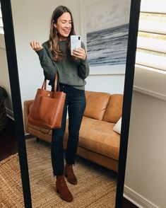 Madewell Style Winter, Madewell Winter Outfits, Madewell Style Outfits, Easy Work Outfits Winter, Dark Brown Handbag Outfit, Simple Casual Work Outfits, Transitional Winter Spring Outfits, Dark Jeans Outfit Winter, Madewell Aesthetic