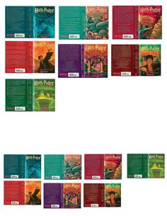 the harry potter book series is shown in multiple rows, including one with an image of hogwarts