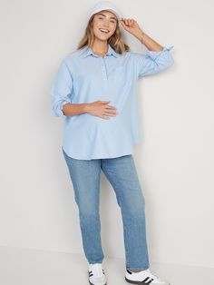 spread collar long drop-shoulder sleeves buttoned cuffs five-button placket chest pocket loose fit hits at hip model is approximately 5'9" and wears size m (8) Old Navy Maternity, Popover Shirt, Womens Maternity, Button Placket, Shoulder Sleeve, Chest Pocket, Drop Shoulder, Old Navy, Oxford