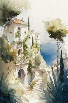 a watercolor painting of a house on a cliff