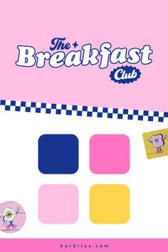 the breakfast club logo is shown in pink and blue, as well as four squares