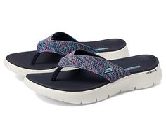 SKECHERS Performance Go Walk Flex Sandal - Invoke - Women's Shoes : Navy Multi : Relax and soak in the sun at the beach wearing the SKECHERS Performance Go Walk Flex Sandal - Invoke Flip Flops. Textile upper. Textile lining and synthetic insole. Slip-on style. Toe post thong. Round toe design. Textile and synthetic outsole. Imported. Measurements: Weight: 6 oz Product measurements were taken using size 9, width B - Medium. Please note that measurements may vary by size. Summer Outdoor Flip Flops, Synthetic Flip Flops With Arch Support For Summer, Summer Beach Sandals With Arch Support, Comfortable Gel Cushioned Flip Flops For Summer, Casual Synthetic Sandals For Pool, Casual Flip Flops With Branded Insole For Beach, Synthetic Sandals With Arch Support For Beach Season, Summer Synthetic Flip Flops For Pool, Beach Season Sandals With Arch Support