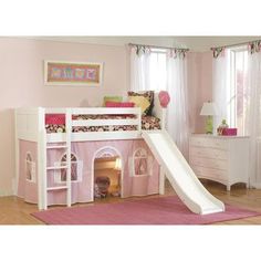 a white bunk bed with a slide in the middle