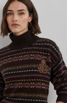 The vibe is always more cozy when you build your look with this wool-warmed sweater knit for a layer-ready fit in a classic Fair Isle pattern of dark, moody hues. A distinctive brand patch on the chest finishes this signature style. Turtleneck Long sleeves with ribbed cuffs 84% wool, 8% recycled nylon, 8% cotton Dry clean Imported Motif Fair Isle, Fair Isle Pullover, Ralph Lauren Womens Clothing, Knit Vest Pattern, Fair Isles, Wool Clothing, Fair Isle Pattern, Fair Isle Knitting, Ribbed Turtleneck