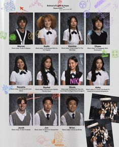 a group of young people in school uniforms posing for a photo with their name written on them