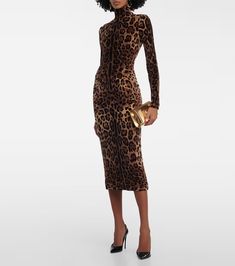 Jacquard leopard-print midi dress in brown - Dolce Gabbana | Mytheresa Luxury Winter Midi Dress, Chic Leopard Print Midi Dress, Fitted Leopard Print Midi Dress, Elegant Leopard Print Midi Dress For Evening, Luxury Fall Midi Dress, Leopard Print Long Sleeve Midi Dress, Chic Leopard Print Knee-length Midi Dress, Leopard Print Evening Dress For Fall, Fall Evening Leopard Print Dress