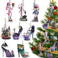 a christmas tree decorated with halloween themed ornaments and decorations, including high heeled shoes