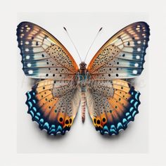 an orange and blue butterfly sitting on top of a white surface with its wings open