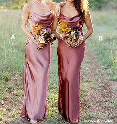 two women standing next to each other in long dresses