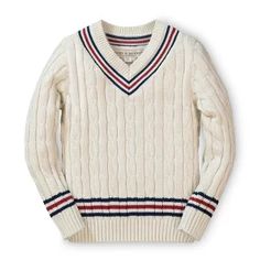 Boys Sweater : Target Cricket Sweater, Preppy Pullover, Tennis Sweater, V Neck Pullover, Kids Sweater, Baby Sweaters, Antique White, White Sweaters