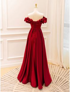 Ballkleid A-Linie Abendkleid Empire Kleid Abschlussball Hochzeit Party Bodenlang Ärmellos Off Shoulder Jersey mit Falten Riemchen Wine Red Prom Dress, Burgundy Evening Dress, Burgundy Colour, Rich Burgundy, Evening Dresses Cocktail, Red Prom, Prom Dress Shopping, Empire Dress, Burgundy Dress