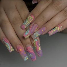 Acrylic Nail Designs Ideas Simple, Neon Nails Acrylic Coffin Long, Colorful Square Acrylic Nails, Long Acrylic Nails Simple Design, Retro Nail Designs Vintage, Simple Acrylic Nails Designs, Nude Base Nail Designs, Bright Color Nail Designs, Custom Acrylic Nails