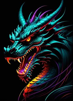 a colorful dragon head on a black background