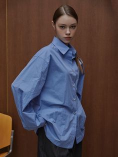 Color : WHITE,BLUECountry of Origin : KOREA Oversized Blue Top For Office, Modern Long Sleeve Blue Blouse, Modern Blue Long Sleeve Blouse, Blue Relaxed Fit Office Tops, Blue Relaxed Fit Top For Office, Modern Blue Tops For Office, Modern Blue Office Tops, Modern Blue Button-up Top, Pocket Shirt