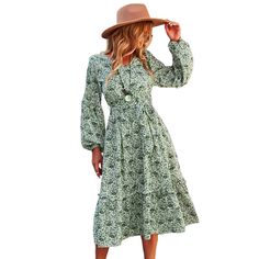 Green Floral Print Tie Waist Long Sleeve Swing Dress Green Midi Dress For Fall, Green Bohemian Midi Dress For Fall, Fall Beach Midi Dress With Long Sleeves, Green Long Sleeve Midi Dress For Day Out, Green Midi Dress For Fall Day Out, Green Midi Dress For A Fall Day Out, Green Floral Print, Dresses Floral, Floral Dresses