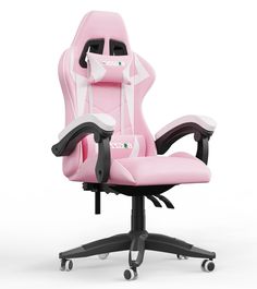 a pink office chair sitting on top of a black base with white trimmings