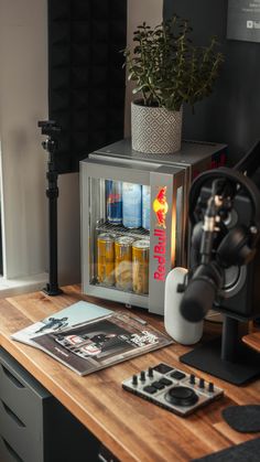 a camera and some bottles on a wooden table next to a potted plant in a glass container