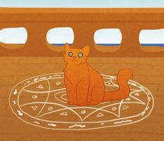 an orange cat sitting on the ground in front of some white circles and blue sky