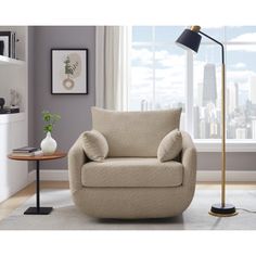 a living room scene with focus on the chair and floor lamp in the foreground