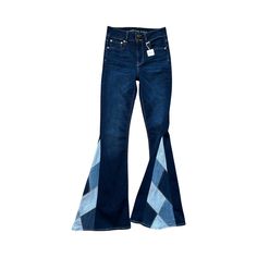 a pair of blue jeans with an argyle pattern on the bottom and side, sitting against a white background