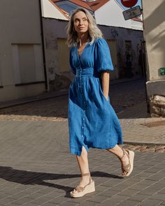 Midi linen dress MODICA in Cobalt blue | MagicLinen Chic Linen Dress With 3/4 Sleeve, Blue Linen Dress For Day Out, Chic Blue Midi Linen Dress, Blue Linen Midi Dress For Brunch, Blue Linen Midi Dress For Day Out, Elegant Blue Linen Midi Dress, Casual Blue Linen Midi Dress, Blue Midi Dress With 3/4 Sleeves For Summer, Blue Midi Dress With 3/4 Sleeve For Beach