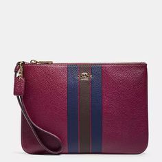 Burgundy/Purple Plum With Navy Blue And Brown Stripes Leather. Gold Hardware. Zipper Closure. Inside 2 Card Slots. Size; W 9 1/2'' X H 7'' X D 1/2''. With Care Card. # J1981-F79898 Coach New Jes Gallery Pouch Varsity Stripe F79898 Leather. 2011215/178 Gynewc5 First Photo Is Stock And Last Is To Give You An Idea Of Size (W 9.25'' X H 6.75'') And First Photo Is Stock. Purple Pouch Bag For On-the-go, Purple Bag With Zipper Pouch For Daily Use, Daily Use Purple Bag With Zipper Pouch, Purple Pouch With Zipper Closure For Everyday Use, Purple Clutch Bag For Everyday Use, Purple Zipper Closure Pouch For Everyday Use, Coach Burgundy Bag With Zipper Closure, Purple Pouch Bags With Zipper, Purple Pouch Bag With Zipper