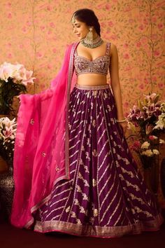 Phlox purple flared attached cancan lehenga with all over floral brocade pattern. Paired with a padded blouse with zardozi floral embroidery and contrast dupatta. Comes along with an embroidered belt. - Aza Fashions Contrast Dupatta, Cancan Lehenga, Brocade Lehenga, Brocade Pattern, Brocade Blouse, Padded Blouse, Brocade Blouses, Embroidered Belt, Pink Lehenga