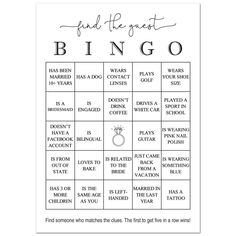 a printable wedding game with the words, find the guest and ring on it