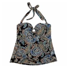 Kona Sol Black Paisley Halter Neck Ring Detail Swim Tankini Top Size Medium New Elegant Black Paisley Print Tops, Crochet Tankini, Womens Tankini Tops, Brown Swimsuit, Green Swimsuit Bikinis, Striped Tankini, Neck Ring, Tankini Swimsuit Top, Striped Swimsuit