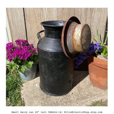 an old milk can sitting next to some potted flowers