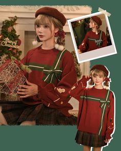 Search ID "LA12782" on lolitain.com💌 Include: Sweater*1🎁 Style Types: Kawaii Fashion Materials: 30% Acrylic, 22% Nylon, 20% Modal, 28% Polyester Feature: Burgundy Christmas and New Year style retro sweater, round neck, loose lantern sleeves, Christmas tree, gingerbread man pattern print, asymmetric Christmas green gift ribbon print, spliced bowknot. Christmas Gift Ribbon, Retro Kawaii, Red Retro, Gift Ribbon, Lantern Sleeves, Kawaii Fashion, Knitted Sweater, Wine Red, Gingerbread