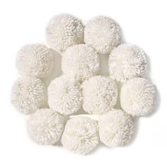 several white pom - poms arranged in a circle on a white background, top view