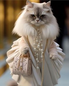 a cat dressed up like a princess with pearls on it's collar and dress