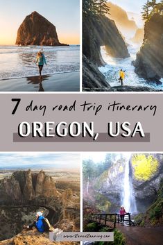 the oregon usa with text overlay that reads 7 day road trip itinerary oregon, usa