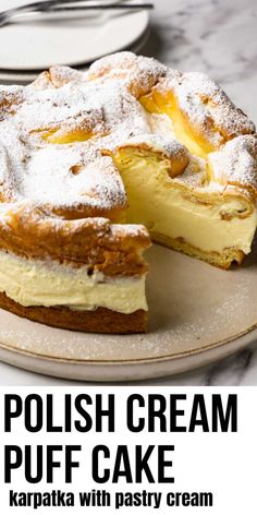 Cream puff cake dusted with powdered sugar, one piece taken. Cream Puff Cake, Puff Cake, Cream Puff, Pastry Recipes, Food Cakes, How Sweet Eats, Eat Dessert